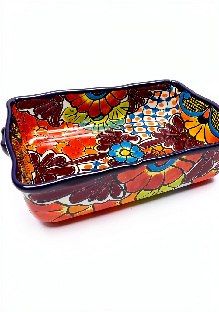 Unboxing and close‑up of Handcrafted Talavera Casserole Dish Mexican Hobo Ceramic Oven Safe on a kitchen countertop